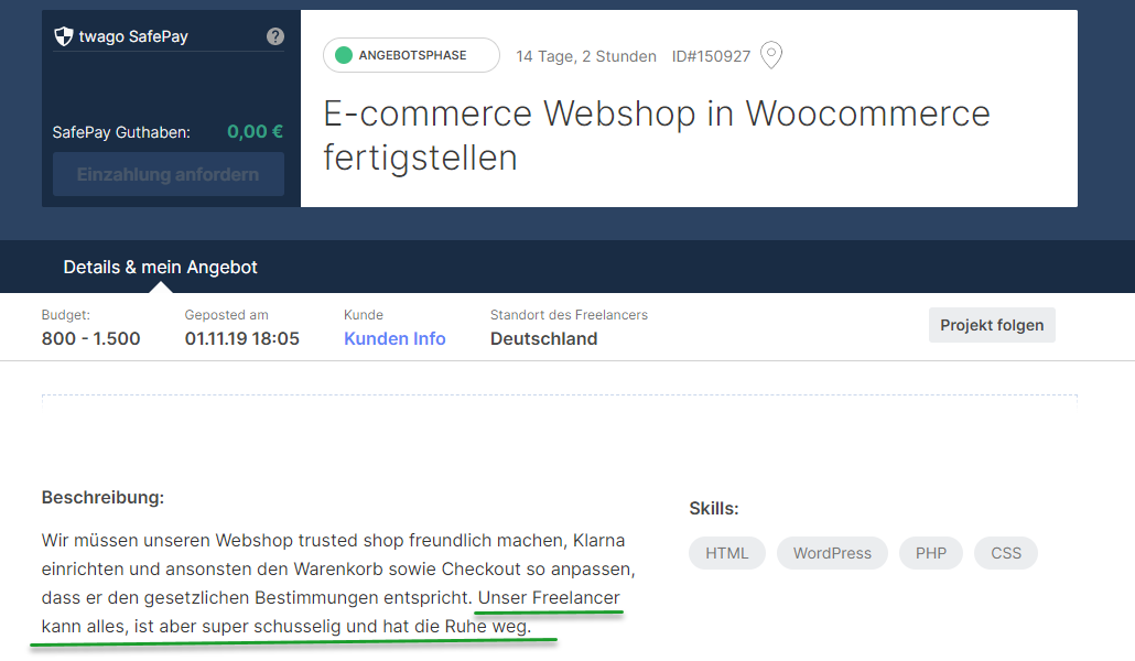 Ausschreibung bei Twago: E-Commerce Webshop in WooCommerce fertigstellen.